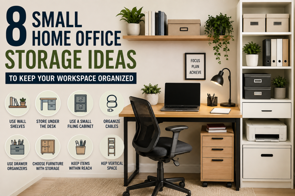 Small home office storage with wall shelves and organized desk