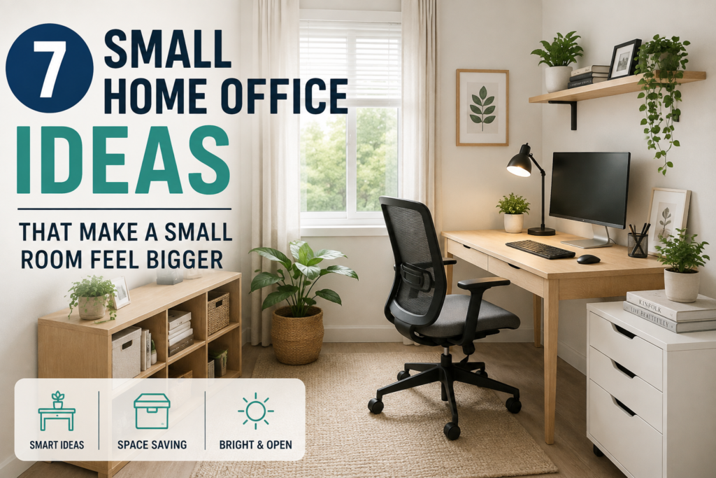 Small home office with a compact desk and organized workspace