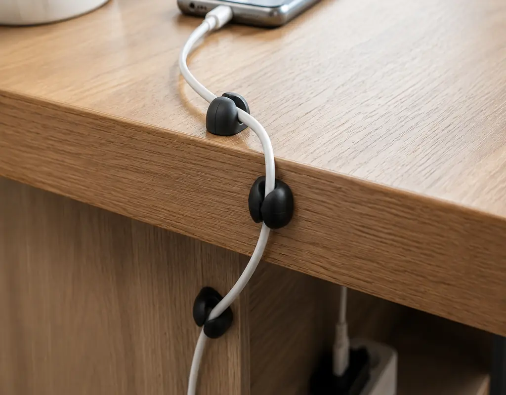 Adhesive cable clips holding charging and USB cables on a small desk