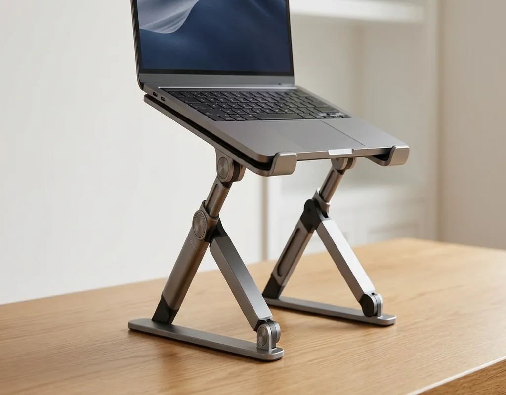 Two adjustable aluminum laptop stands at different heights on a wooden desk showing height flexibility