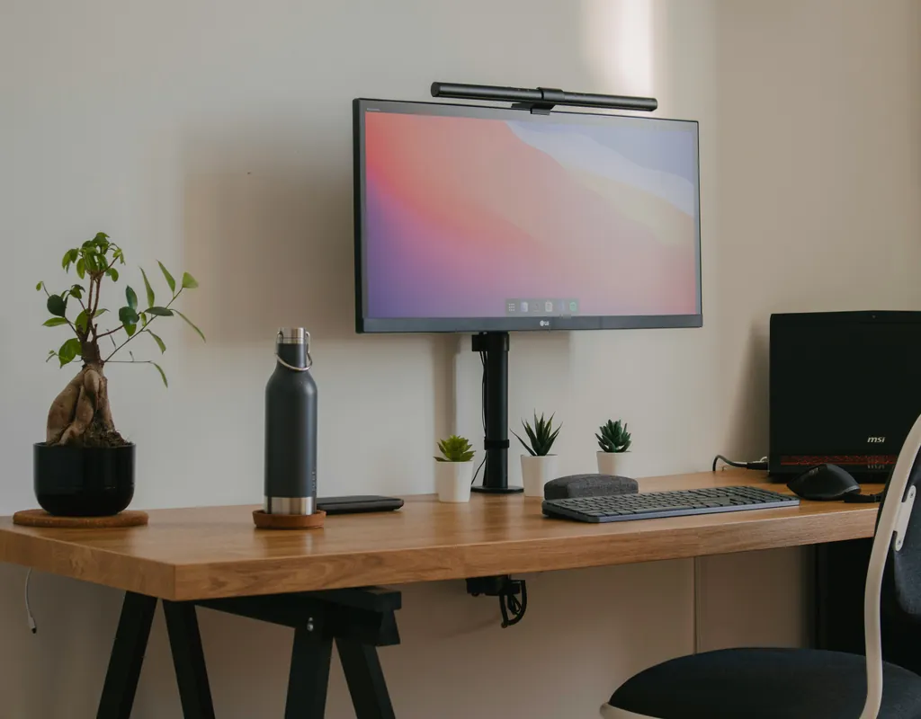 	A monitor on a metal stand on a clean wooden home office desk with plants