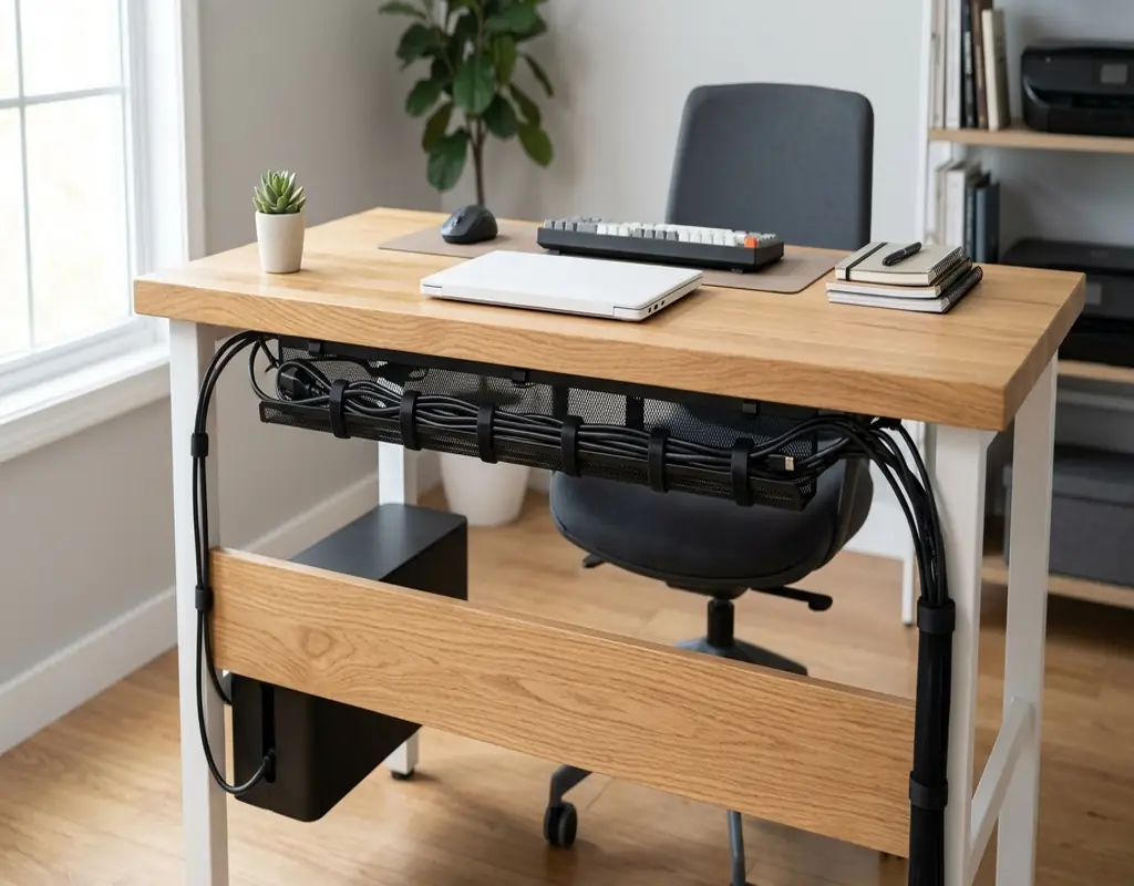Cable management solutions keeping a small desk workspace organized