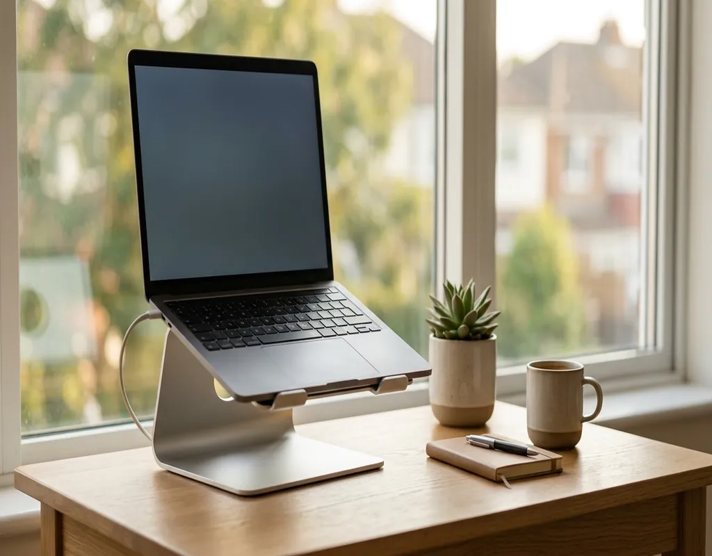 Laptop stand on a compact desk with a laptop and workspace accessories