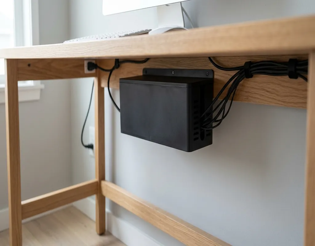 Cable management box organizing a power strip and cables under a small desk