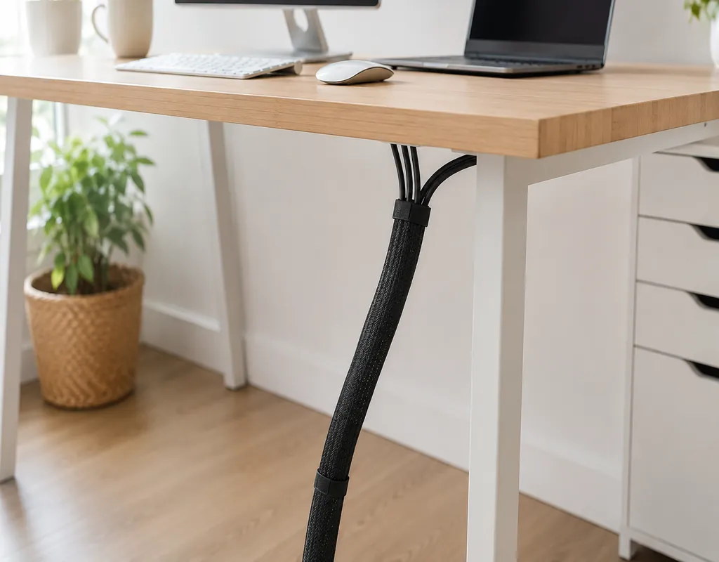 Cable management sleeve grouping computer cables under a small desk