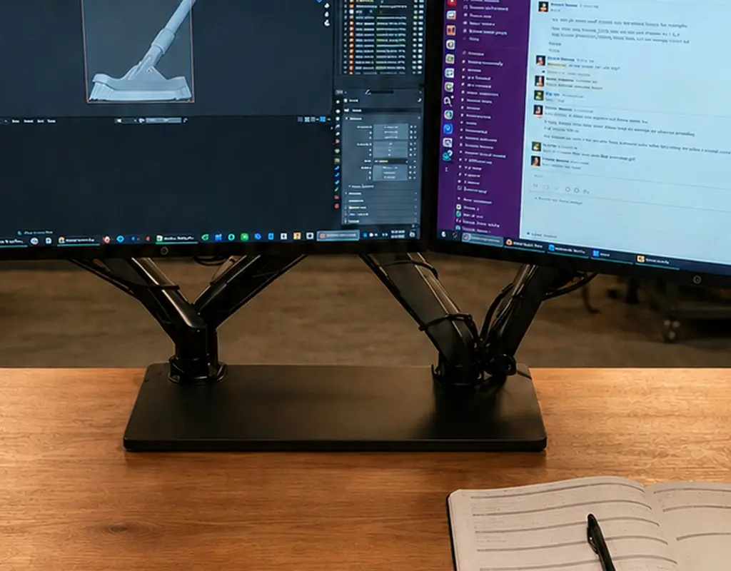 Dual-arm monitor stand mount supporting two screens on a desk