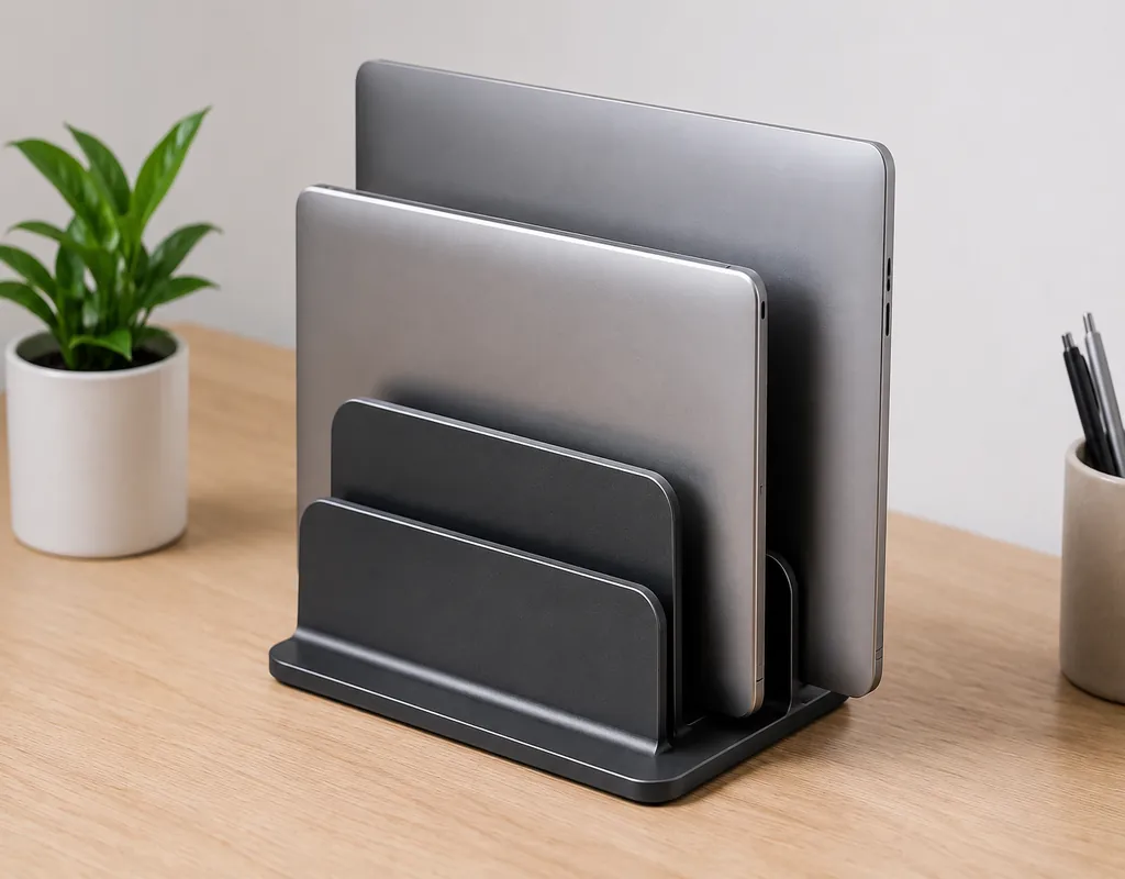 A black dual slot vertical laptop stand holding two laptops upright on a wooden desk with a plant beside it