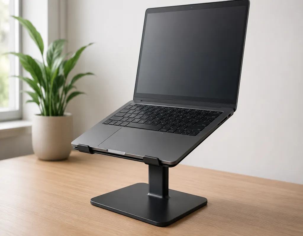 A black fixed laptop stand holding a laptop on a wooden home office desk
