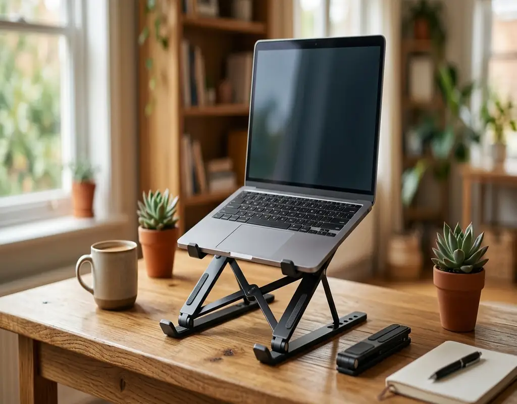 A black foldable laptop stand holding a laptop on a wooden home office desk