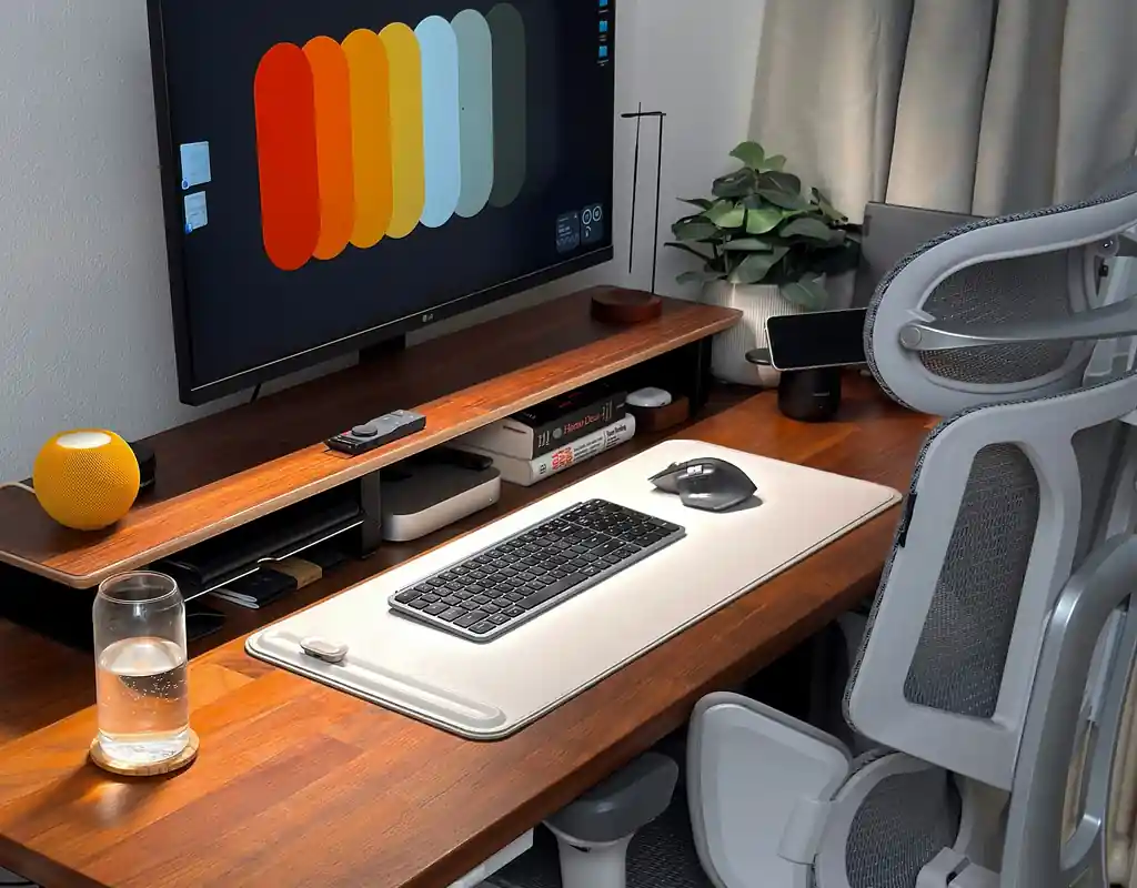 	Wooden monitor riser with storage space for books and accessories underneath