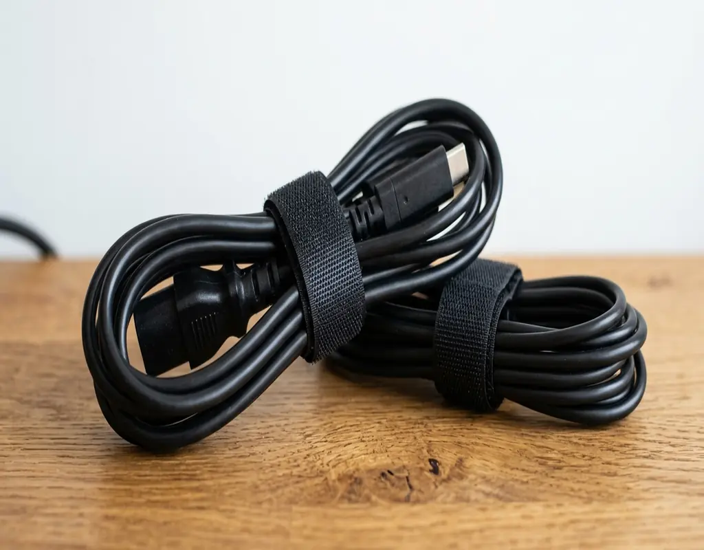 Reusable Velcro cable ties organizing excess cables under a small desk