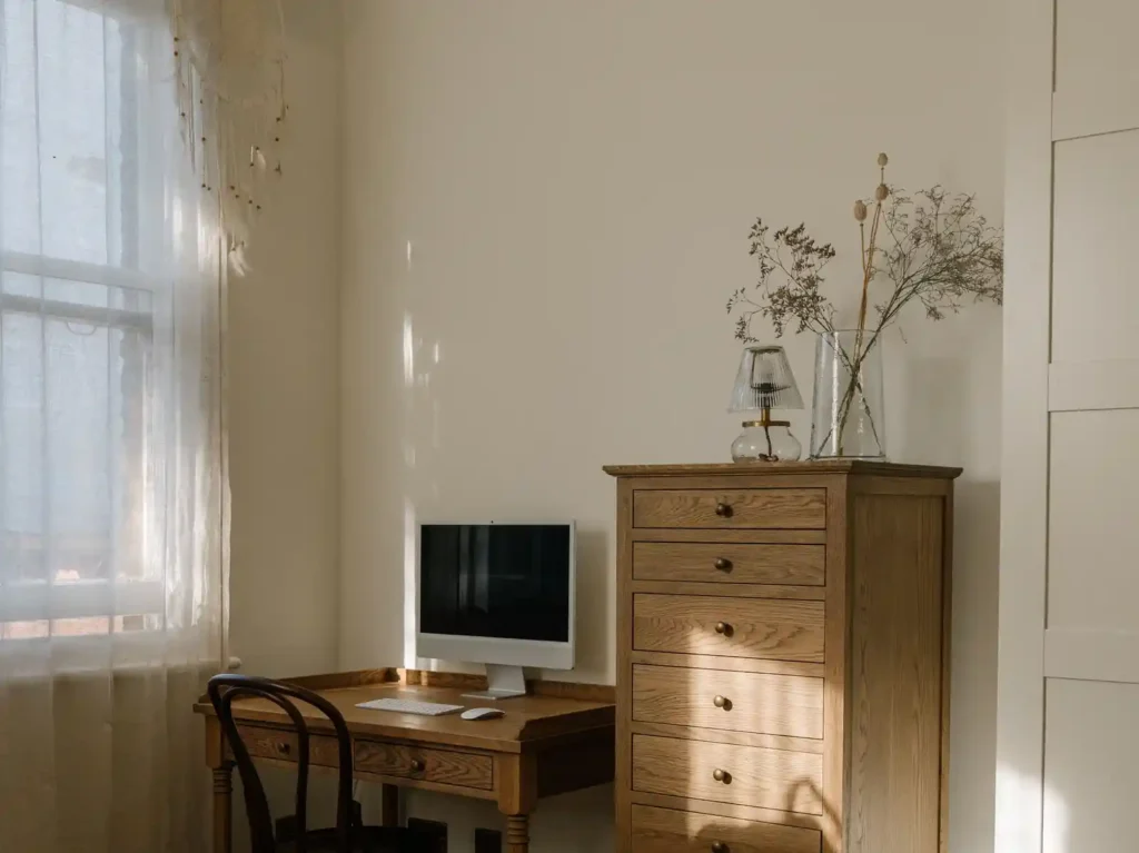 Wooden desk with multi-drawer storage cabinet for small home office