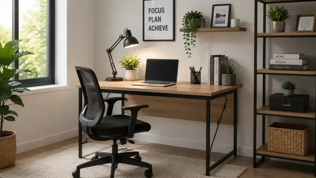 Small home office with a wooden desk, ergonomic chair, laptop, and storage shelves