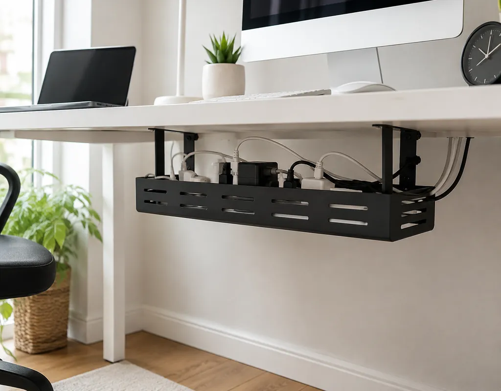 Under-desk cable management tray organizing cables and power strip
