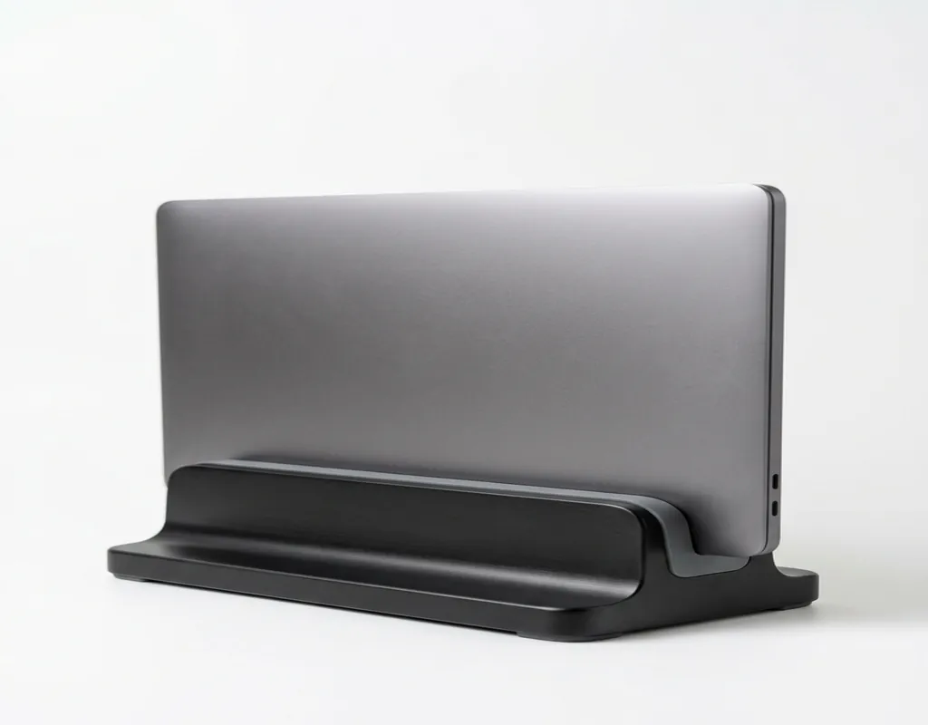 A black vertical laptop stand holding a closed laptop upright to save desk space