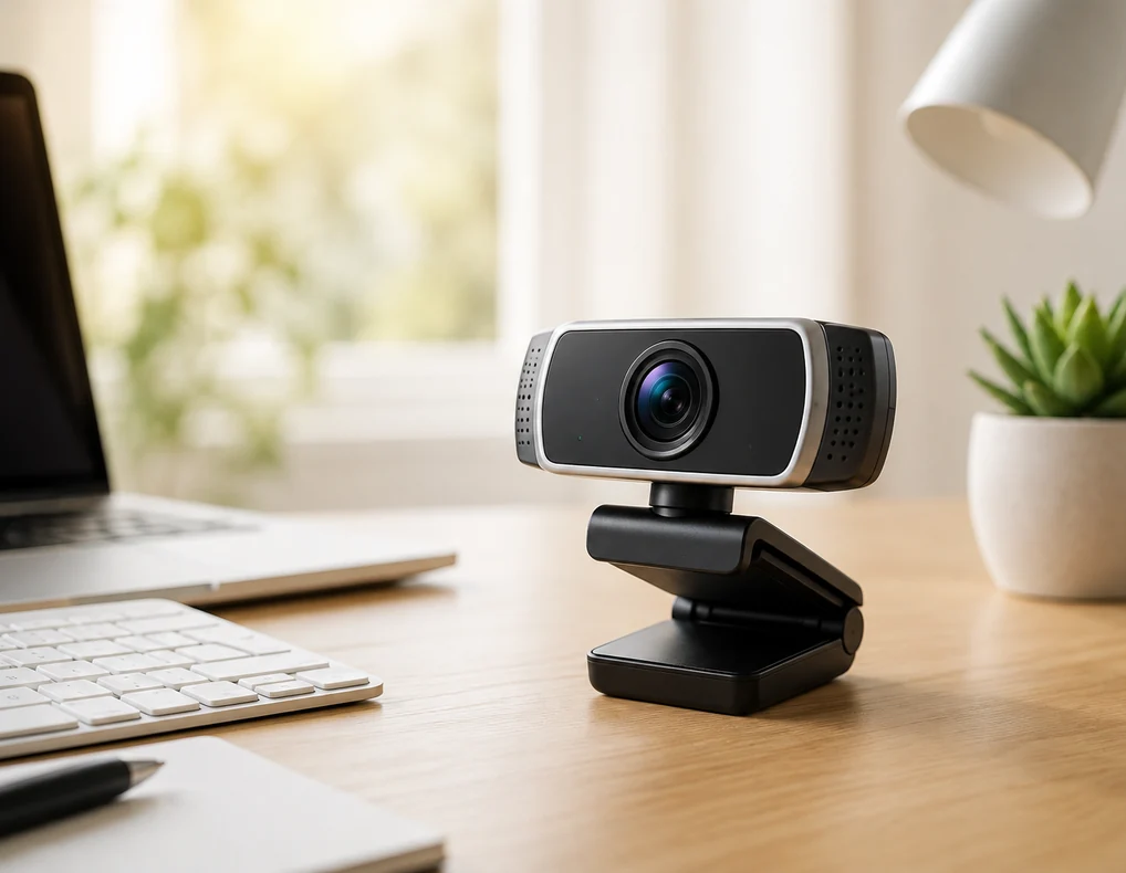 A compact black webcam on a wooden desk in a bright home office setup