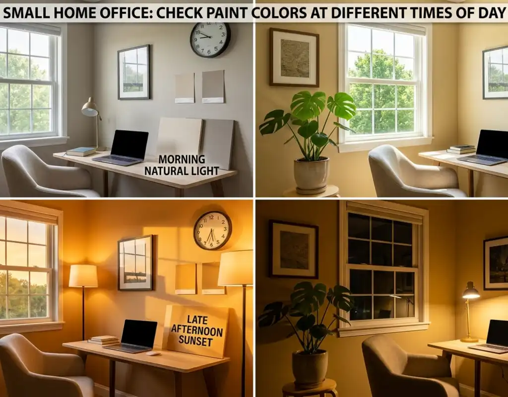Small home office with wall colors viewed in different daylight and evening lighting