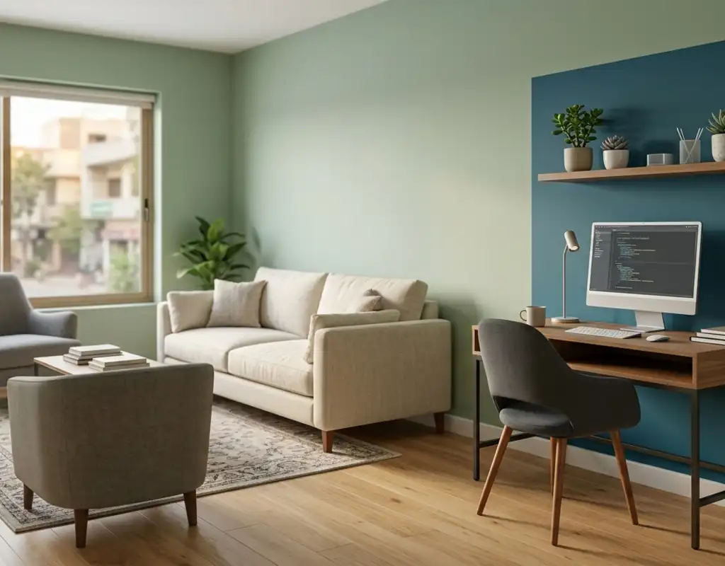 Small home office with a desk area defined by a subtle accent wall color