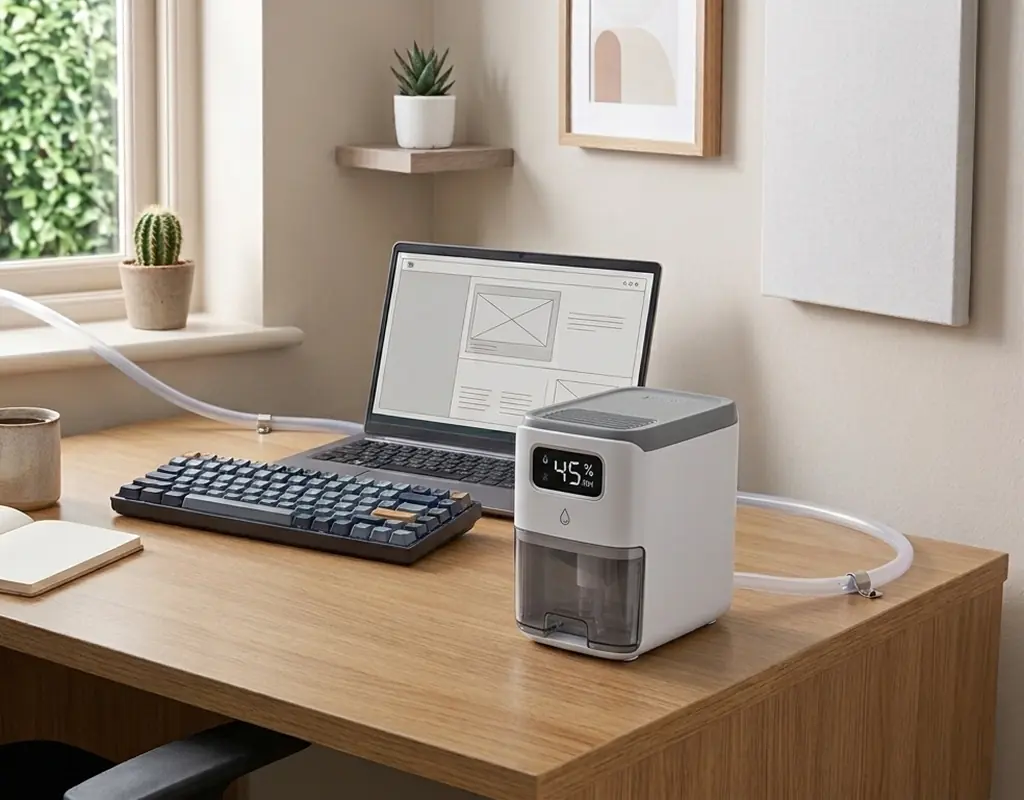 Compact continuous-drain dehumidifier for a small home office
