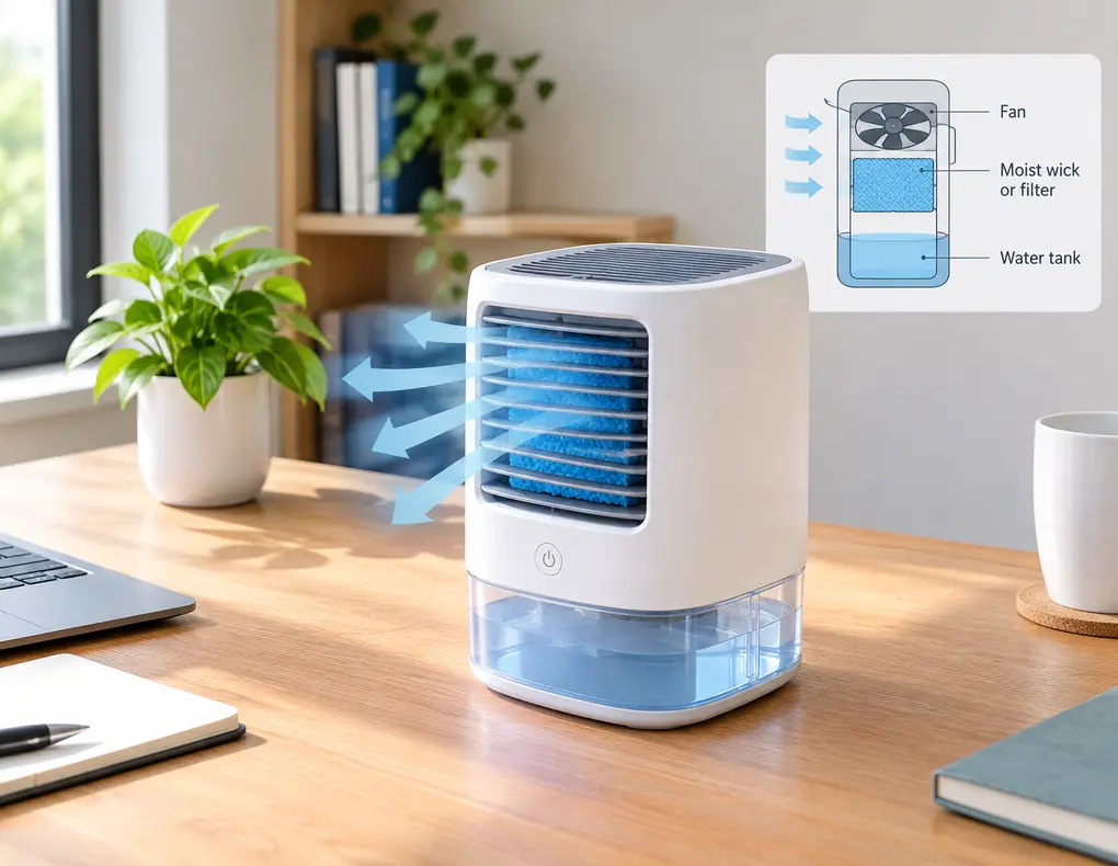 Compact evaporative humidifier providing moisture in a small home office