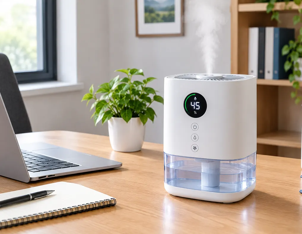 Compact humidifier with built-in humidistat in a small home office