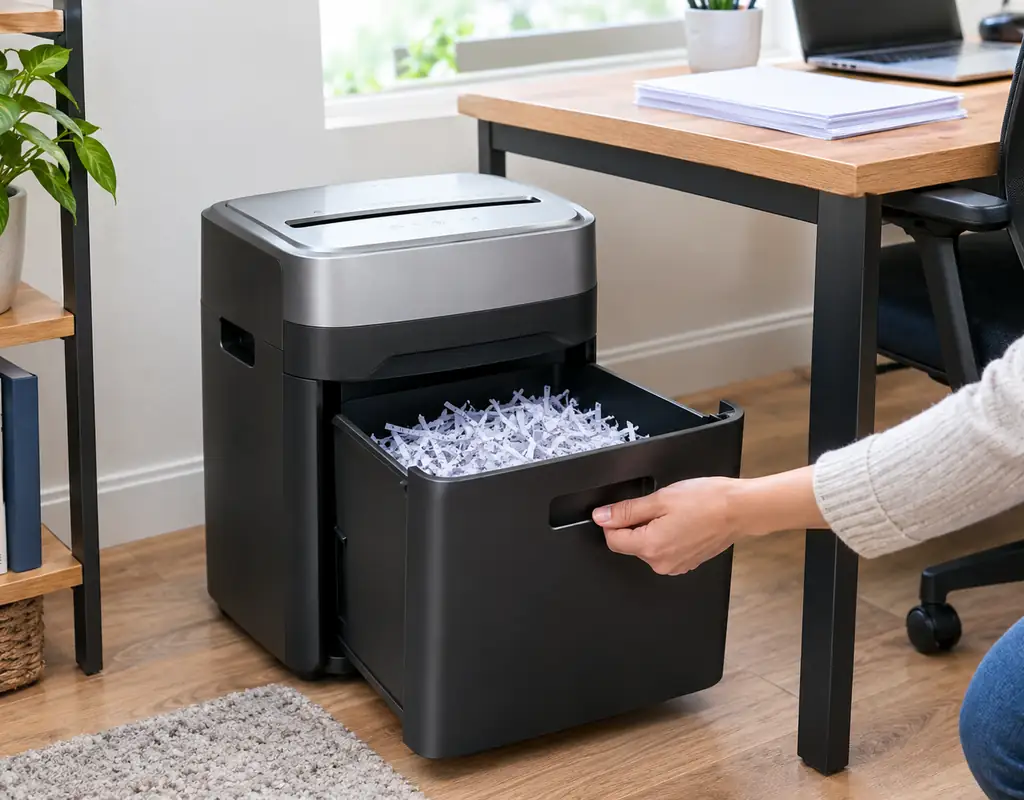 Compact pull-out-bin paper shredder for a small home office