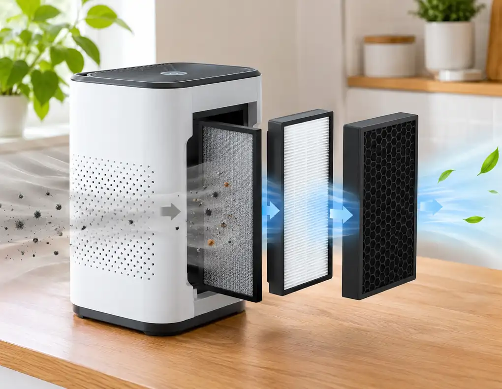 Compact air purifier with multi-stage filtration for a small home office