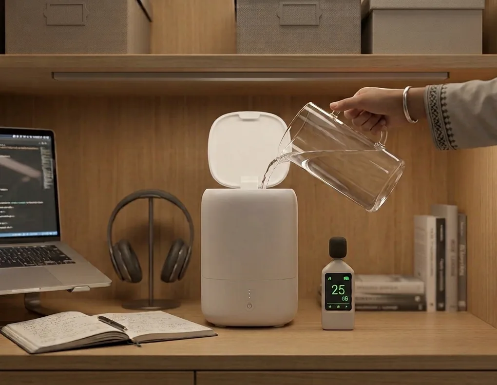 Compact top-fill humidifier adding moisture to a small home office