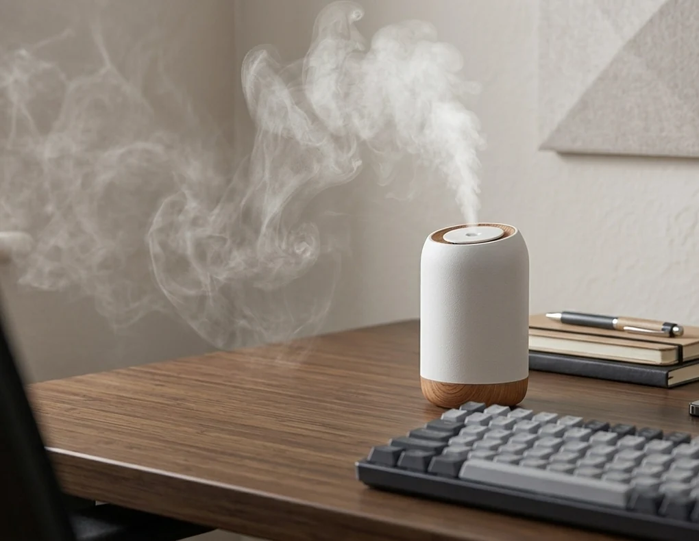 Compact ultrasonic humidifier producing cool mist in a small home office