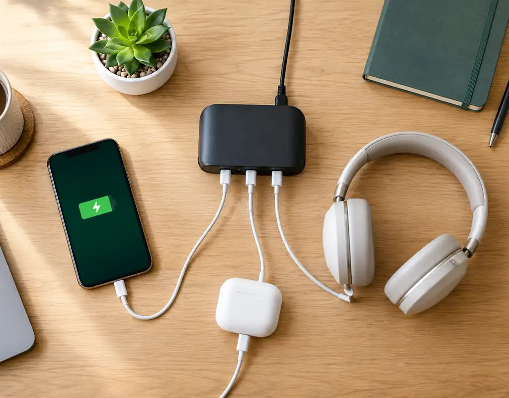 Compact USB-C desktop charging station for a small home office