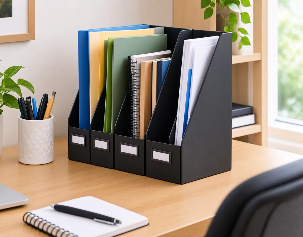 Compact vertical file organizer holding documents on a small home office desk