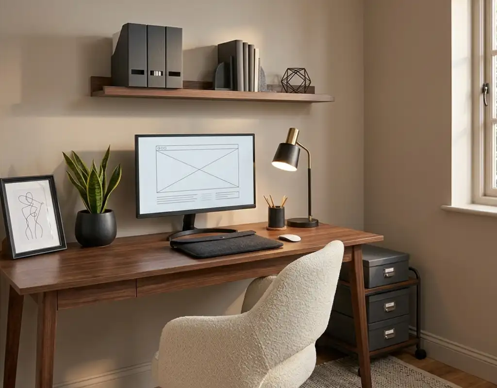 Small home office with light walls and dark desk and decor accents
