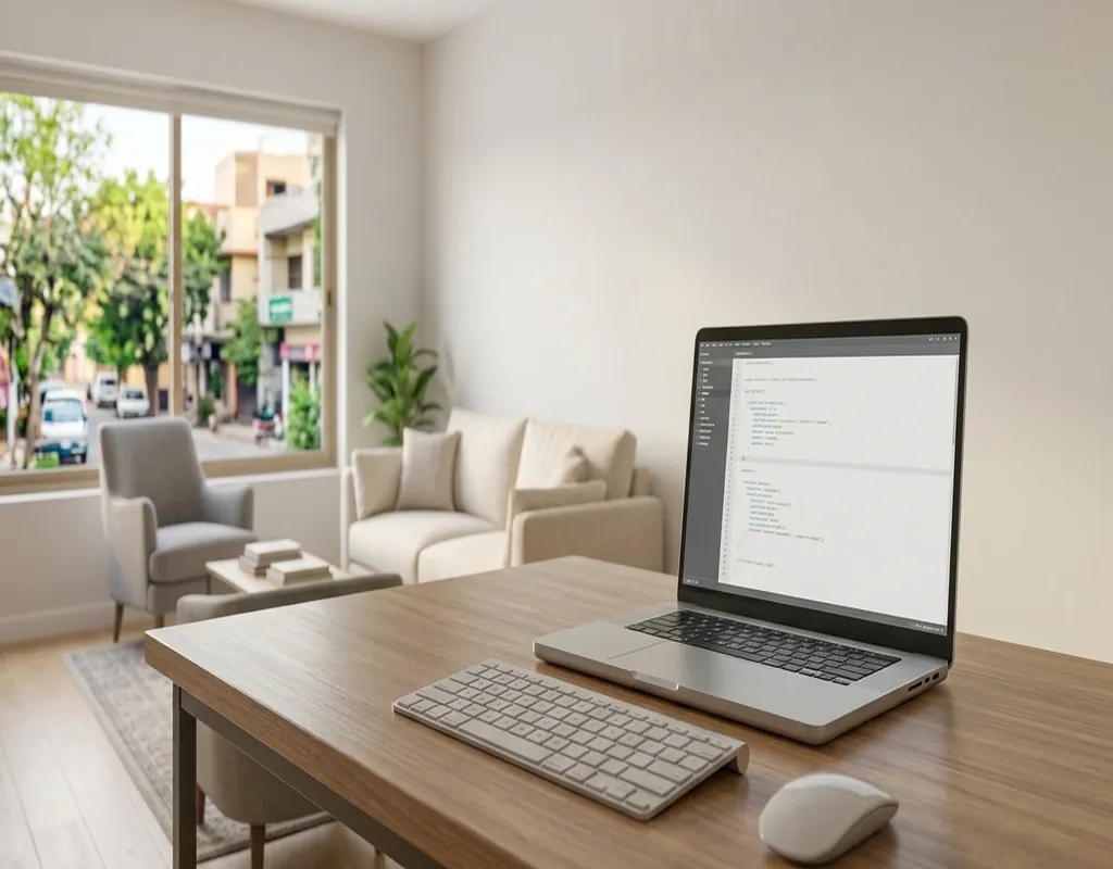 A clean minimal home office desk with only a laptop keyboard and mouse showing a clutter-free one purpose workspace