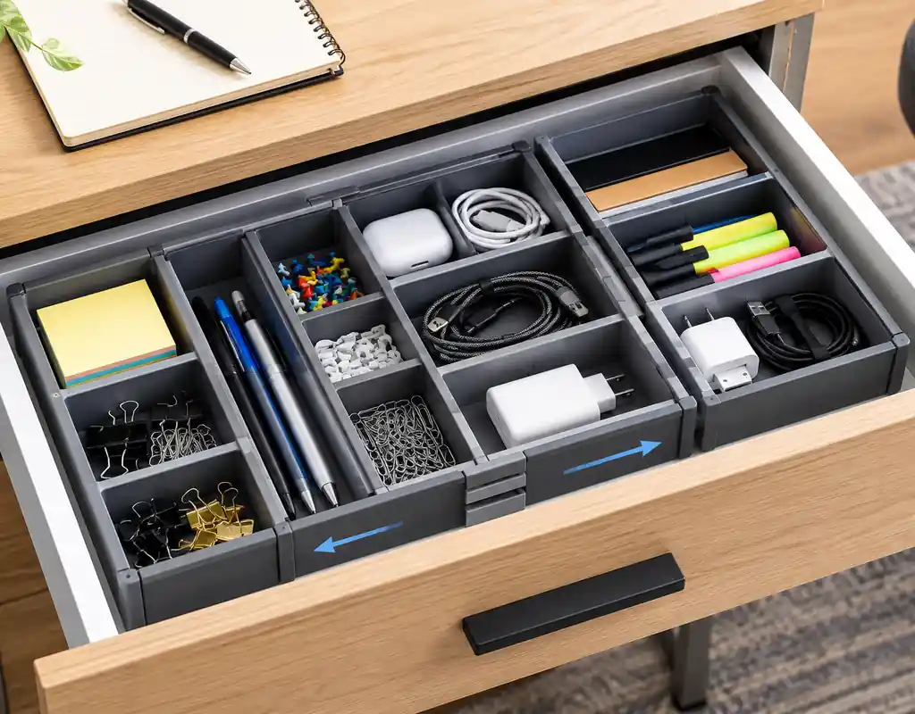 Expandable desk drawer organizer for a small home office