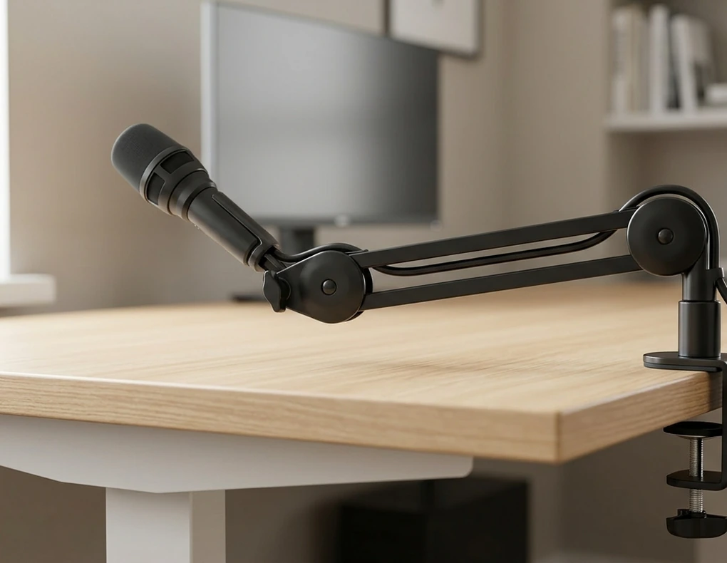 Low-profile boom-mounted microphone on a small home office desk