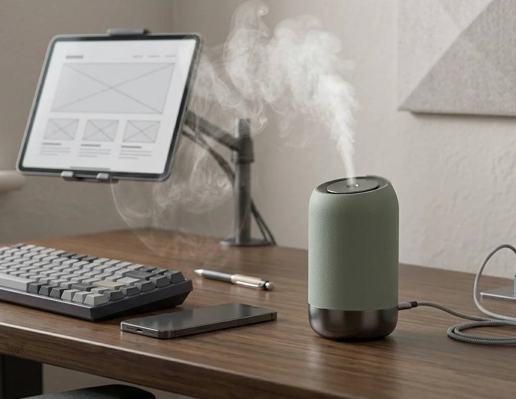 Mini USB humidifier providing cool mist on a small home office desk