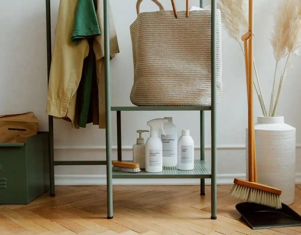 Small apartment with compact cleaning products and organized cleaning supplies