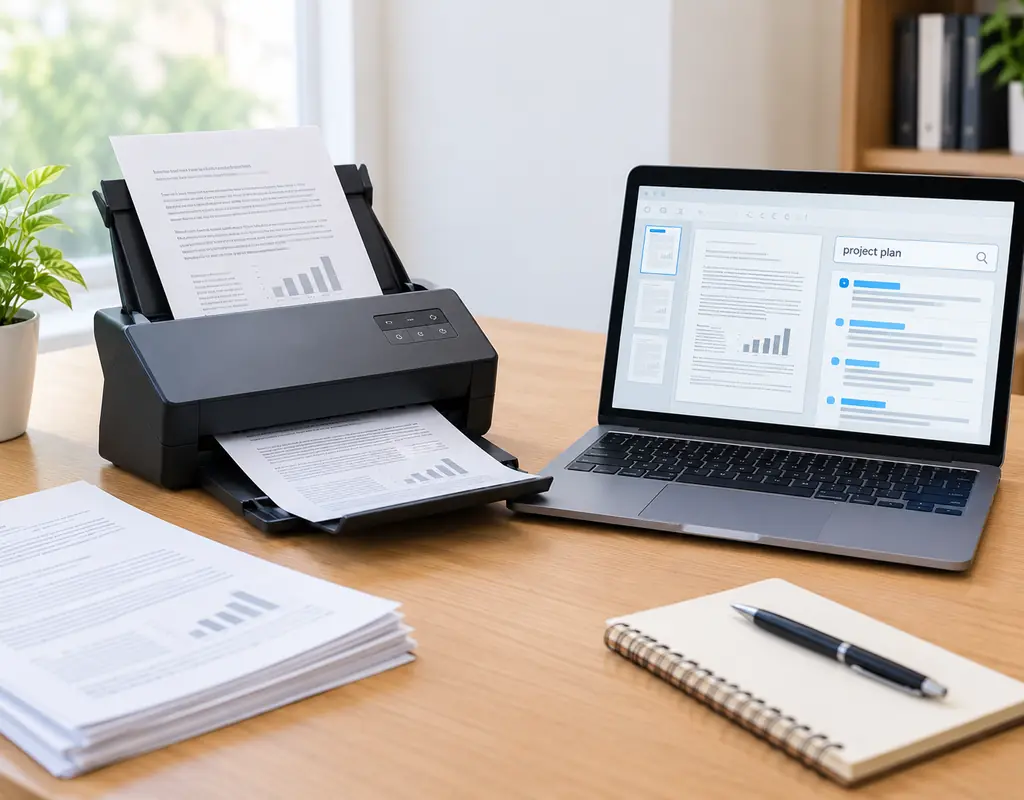 Small desktop document scanner with OCR for a compact home office