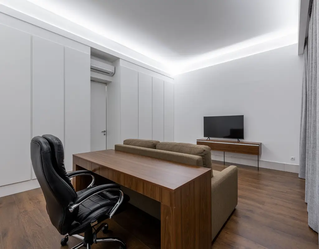Small home office with adjustable warm and cool lighting