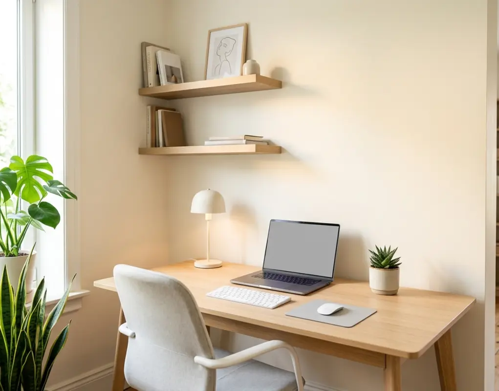 Small home office with light walls, a compact desk, and simple color accents