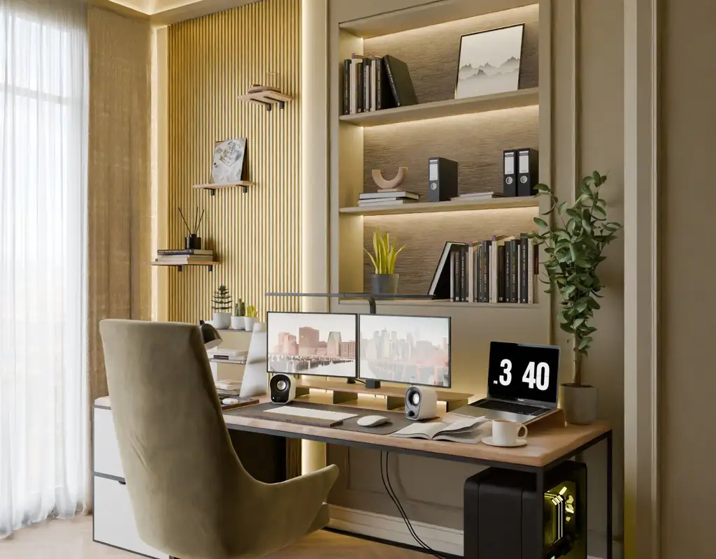 Small home office with a compact desk, monitor, and bright workspace lighting