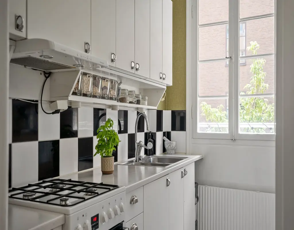 Small kitchen wall with shelves used for storage