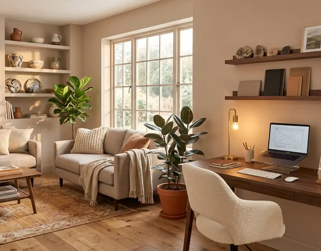 Small home office with warm white walls, light wood furniture, and neutral decor