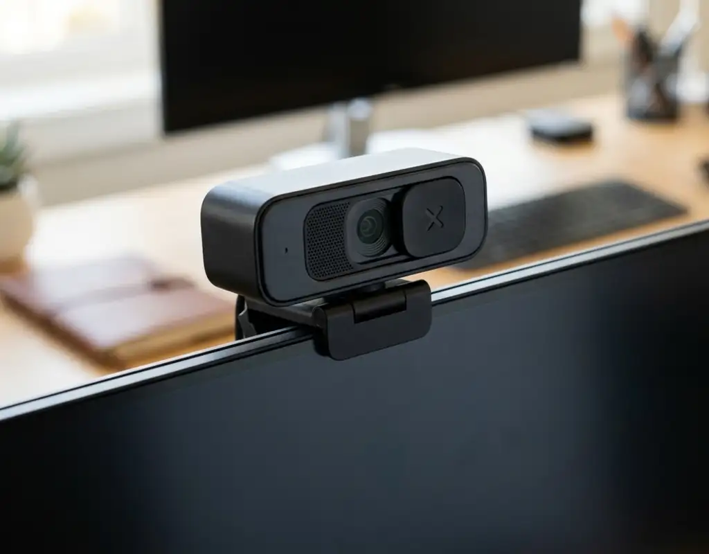 Webcam with privacy shutter for home office video calls
