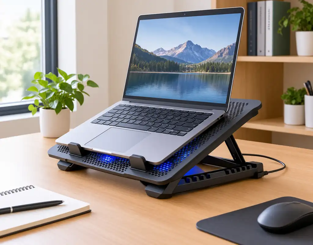Adjustable cooling pad beneath a laptop on a small home office desk