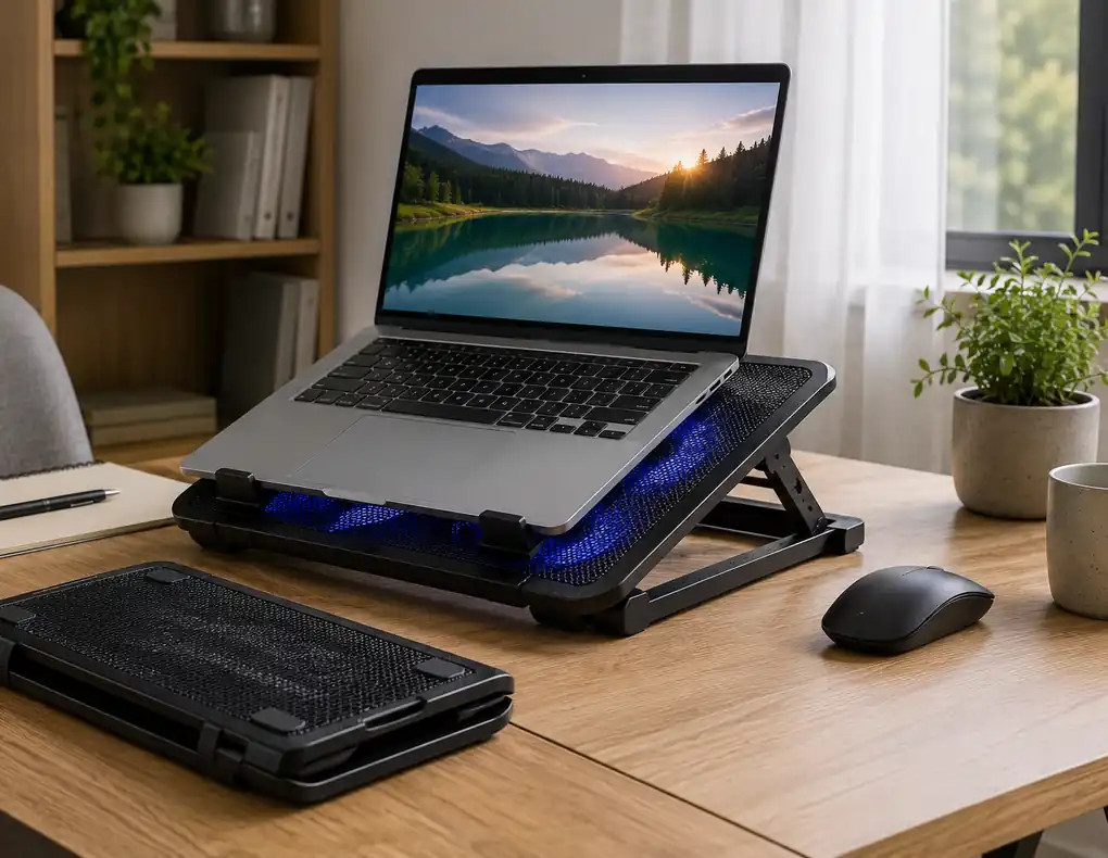 Foldable laptop cooling pad on a compact home office desk