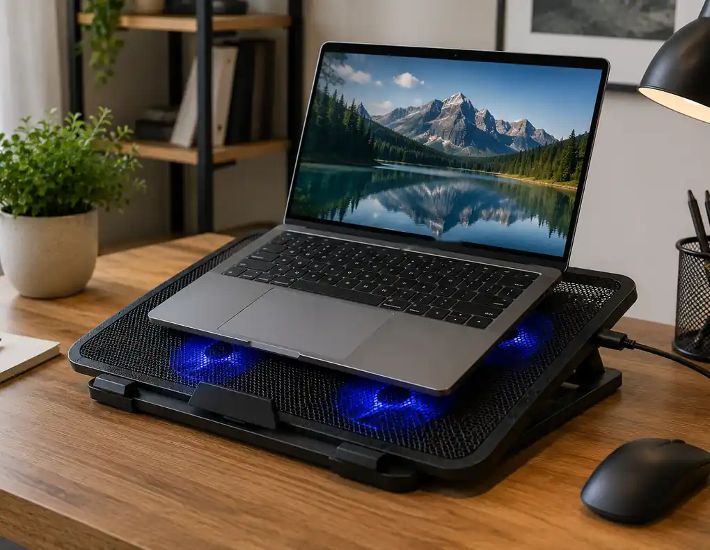 High-airflow cooling pad beneath a laptop on a small home office desk