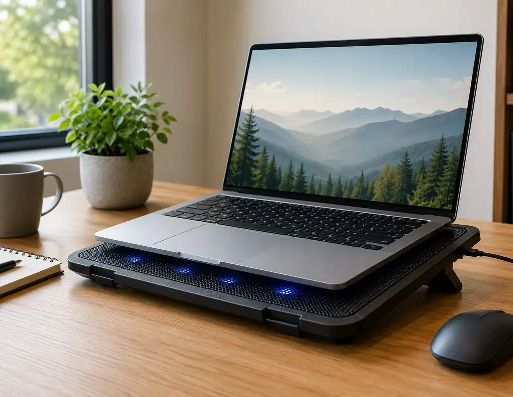 Quiet cooling pad beneath a laptop on a small home office desk