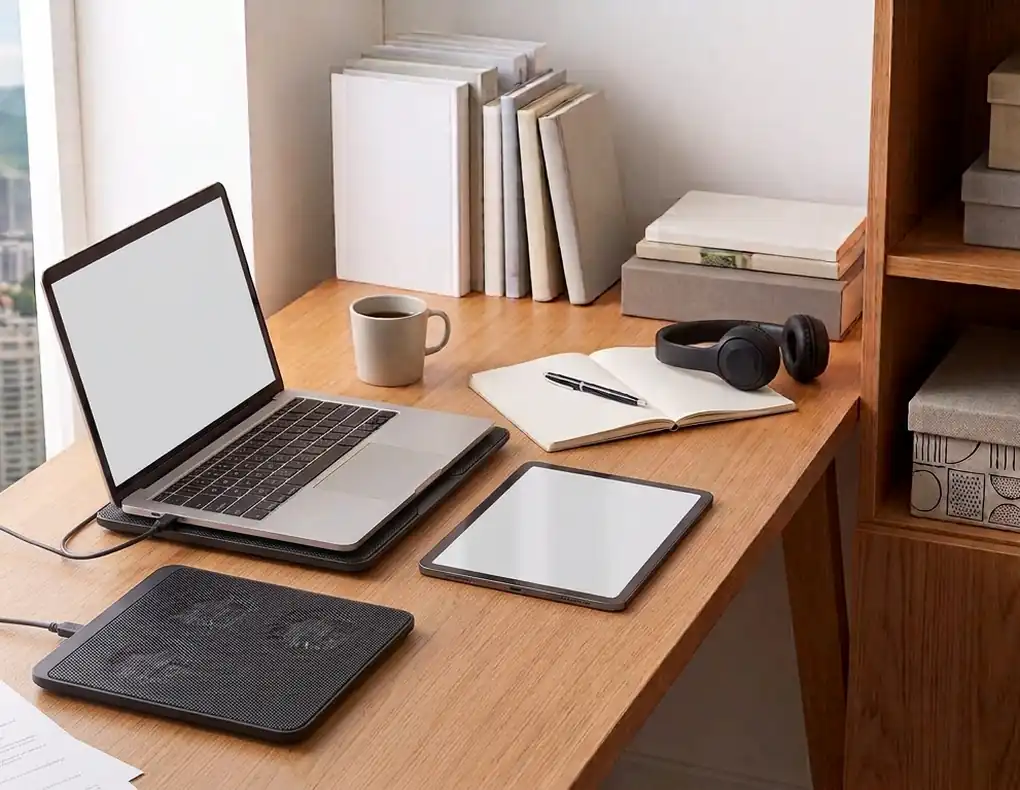 Slim cooling pad beneath a laptop on a small home office desk